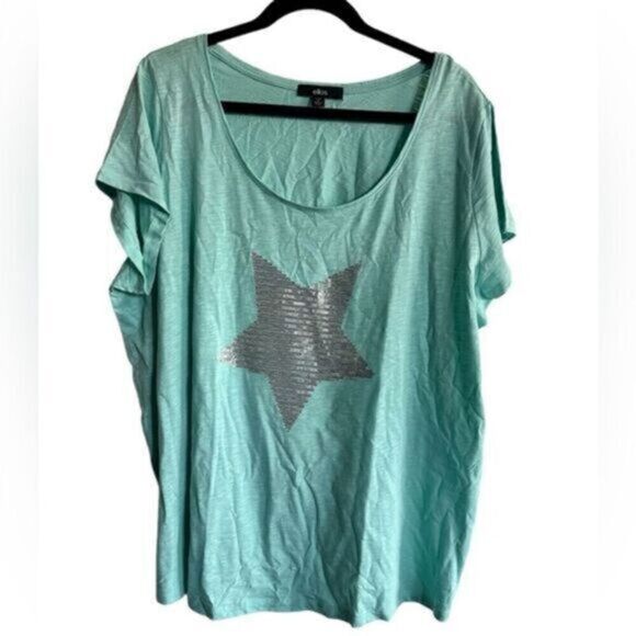 NWT Ellos Plus Size Green Short Sleeve Sequin Silver Star Blouse Shirt -Size 1XL - Picture 1 of 3